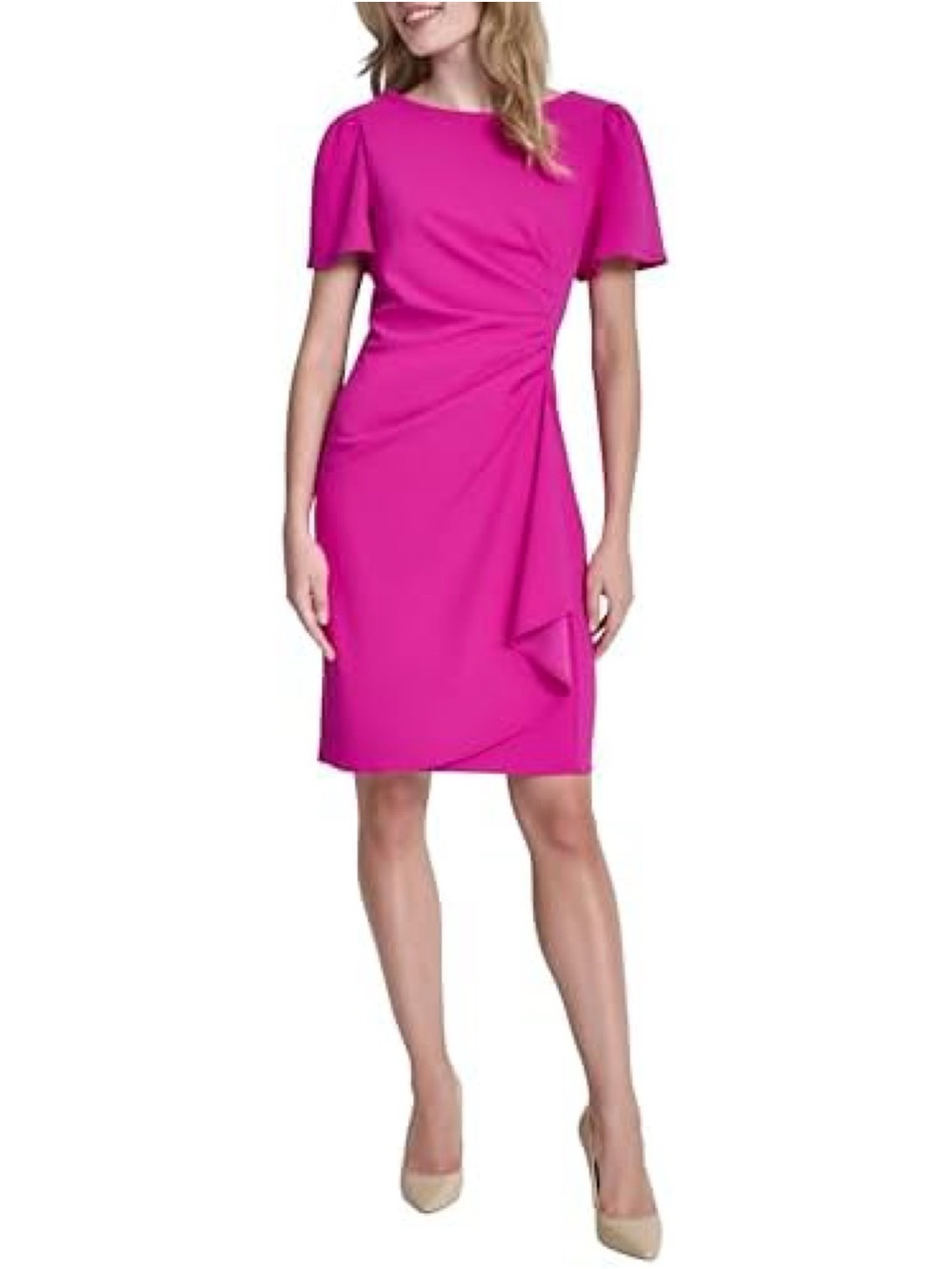 NEW DKNY Short Sleeve Boat Neck Above The Knee Ruched Bodice Scuba Crepe Dress